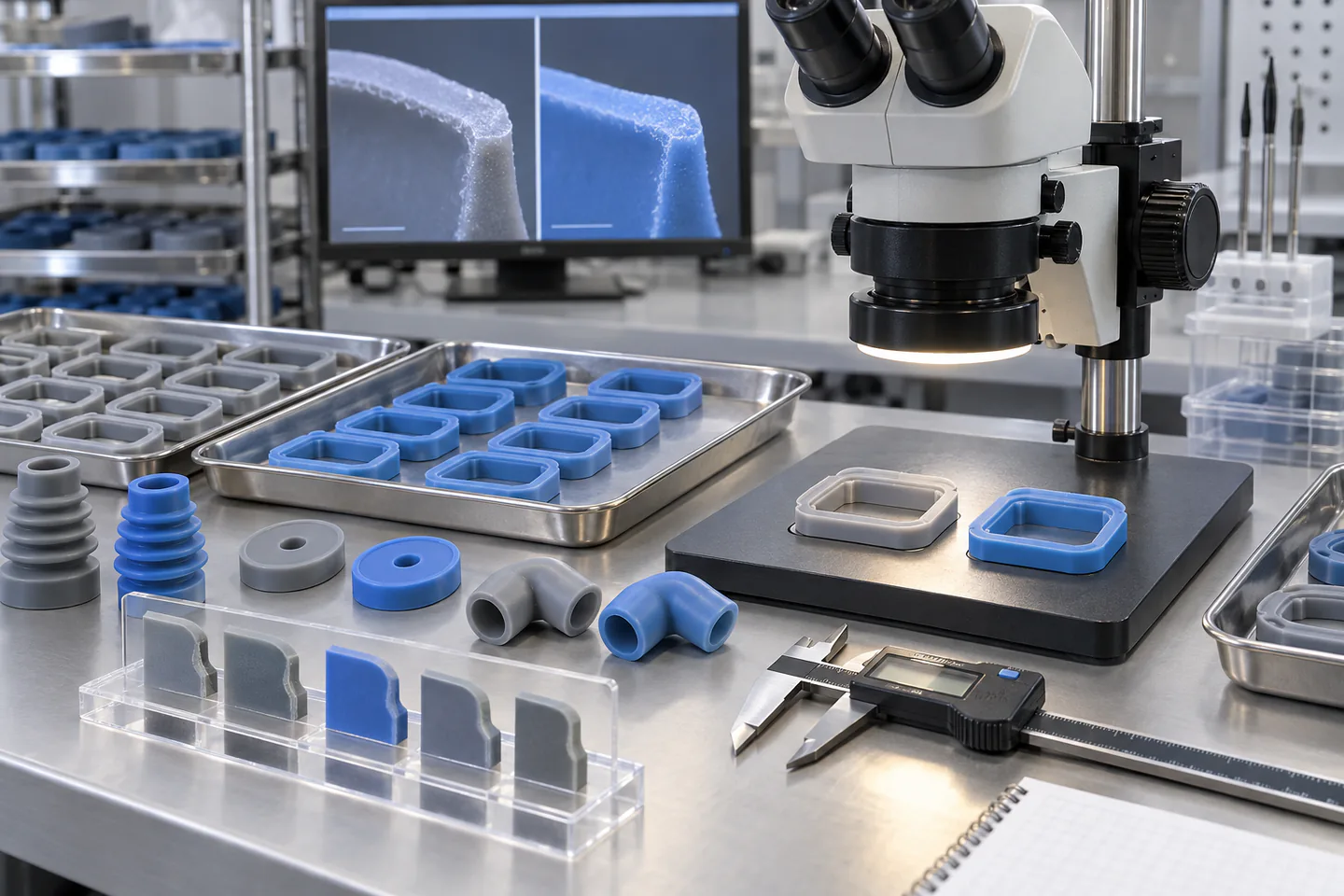 Inspection lab comparing silicone edge quality using microscope calipers and reference samples