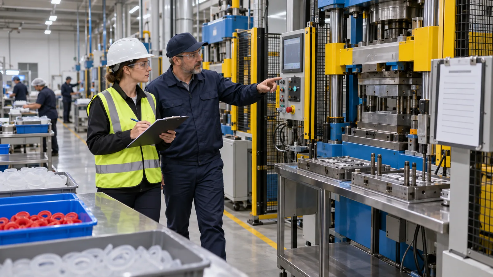 Supplier-quality auditor reviewing silicone molding operations on the factory floor Supplier-quality auditor reviewing silicone molding operations on the factory floor