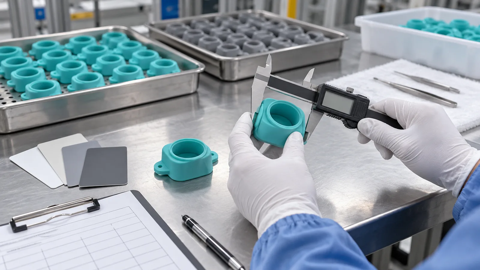 Gloved factory inspector measures a teal silicone part during in-process quality control Gloved factory inspector measures a teal silicone part during in-process quality control