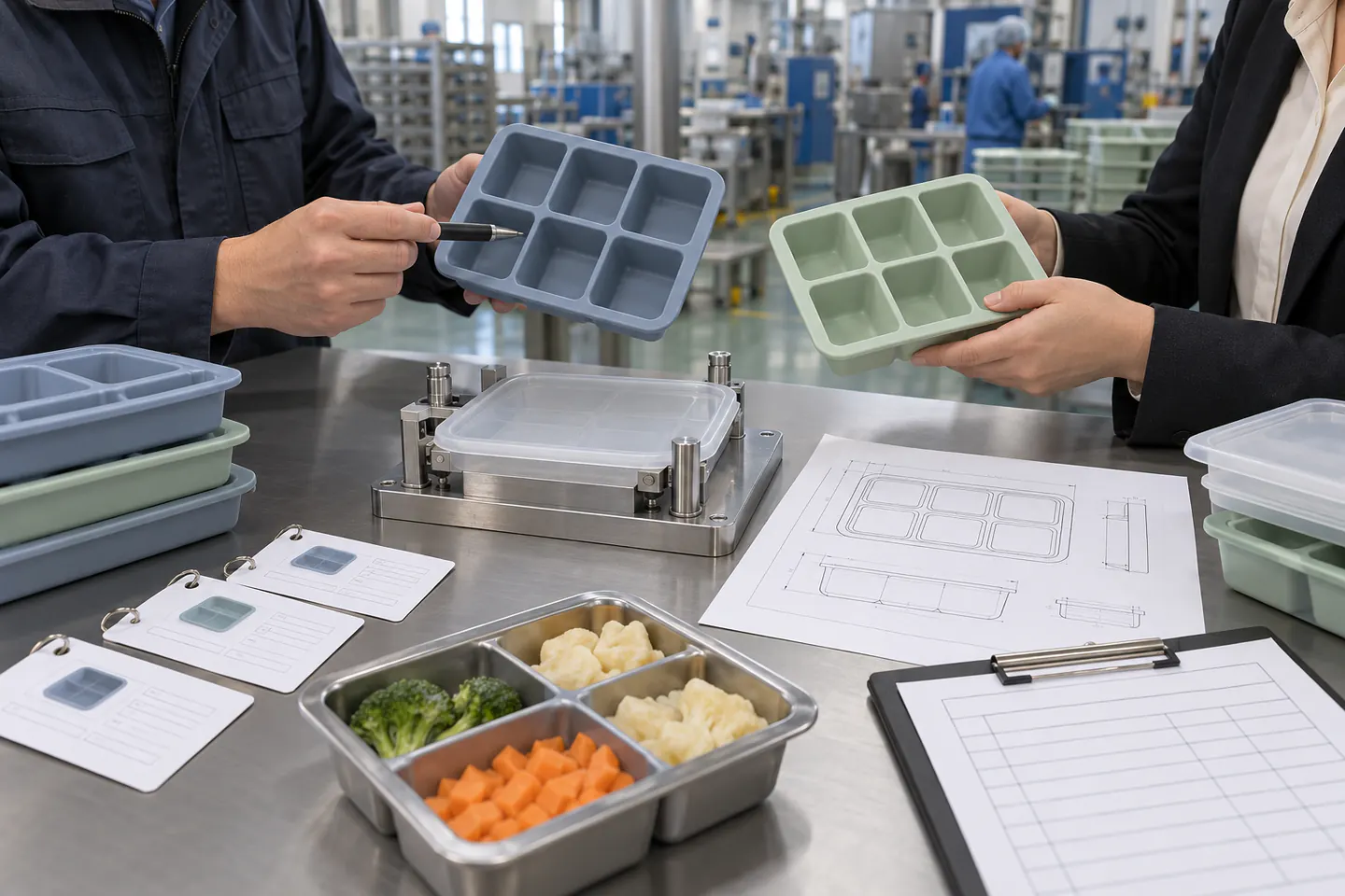 Buyer and engineer comparing silicone freezer tray samples against an approved drawing and validation checklist Buyer and engineer comparing silicone freezer tray samples against an approved drawing and validation checklist