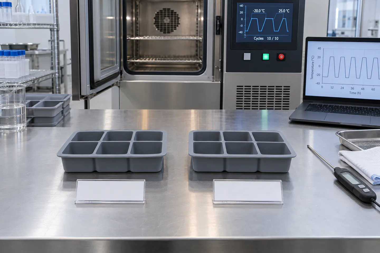 Silicone freezer trays arranged in a controlled freeze-thaw cycle chamber with recorded temperature states Silicone freezer trays arranged in a controlled freeze-thaw cycle chamber with recorded temperature states