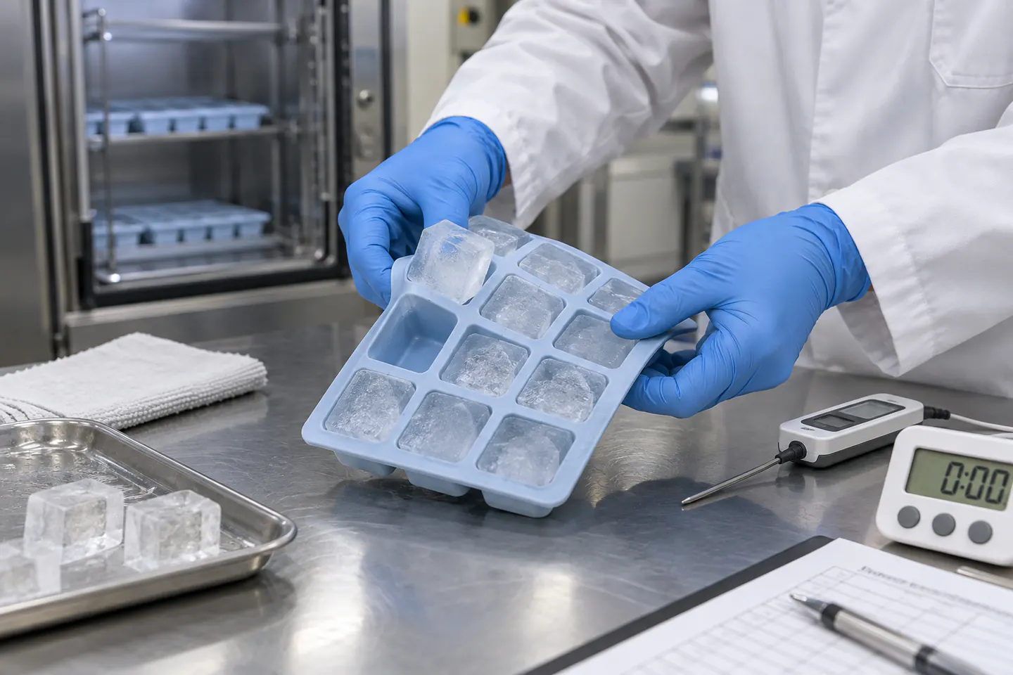 Technician checking frozen portion release and tray condition after a defined freeze-thaw sequence Technician checking frozen portion release and tray condition after a defined freeze-thaw sequence