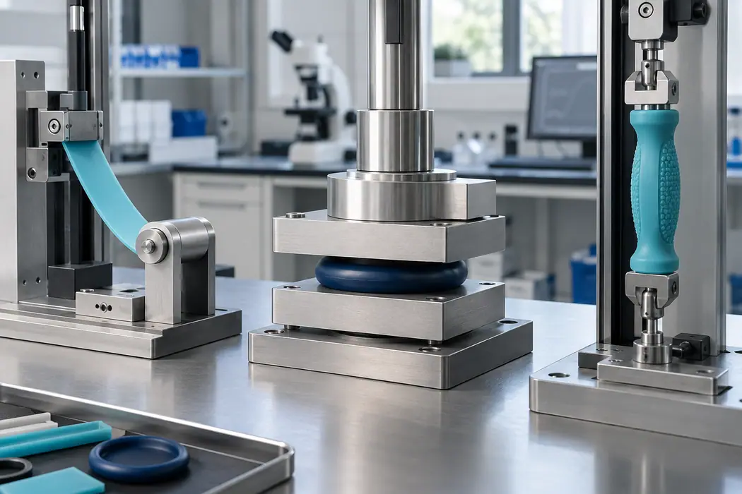 Silicone flex, compression and grip samples in separate validation fixtures Silicone flex, compression and grip samples in separate validation fixtures