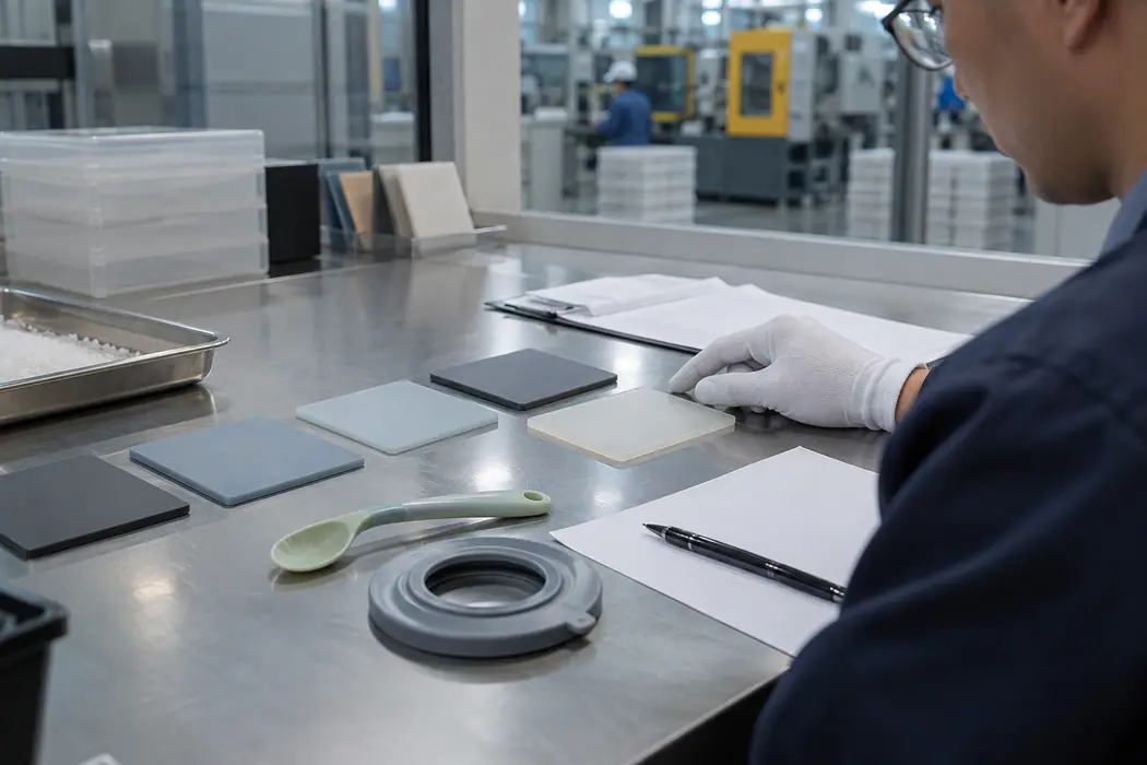 Supplier-quality reviewer compares silicone plaques and molded products during sample approval Supplier-quality reviewer compares silicone plaques and molded products during sample approval