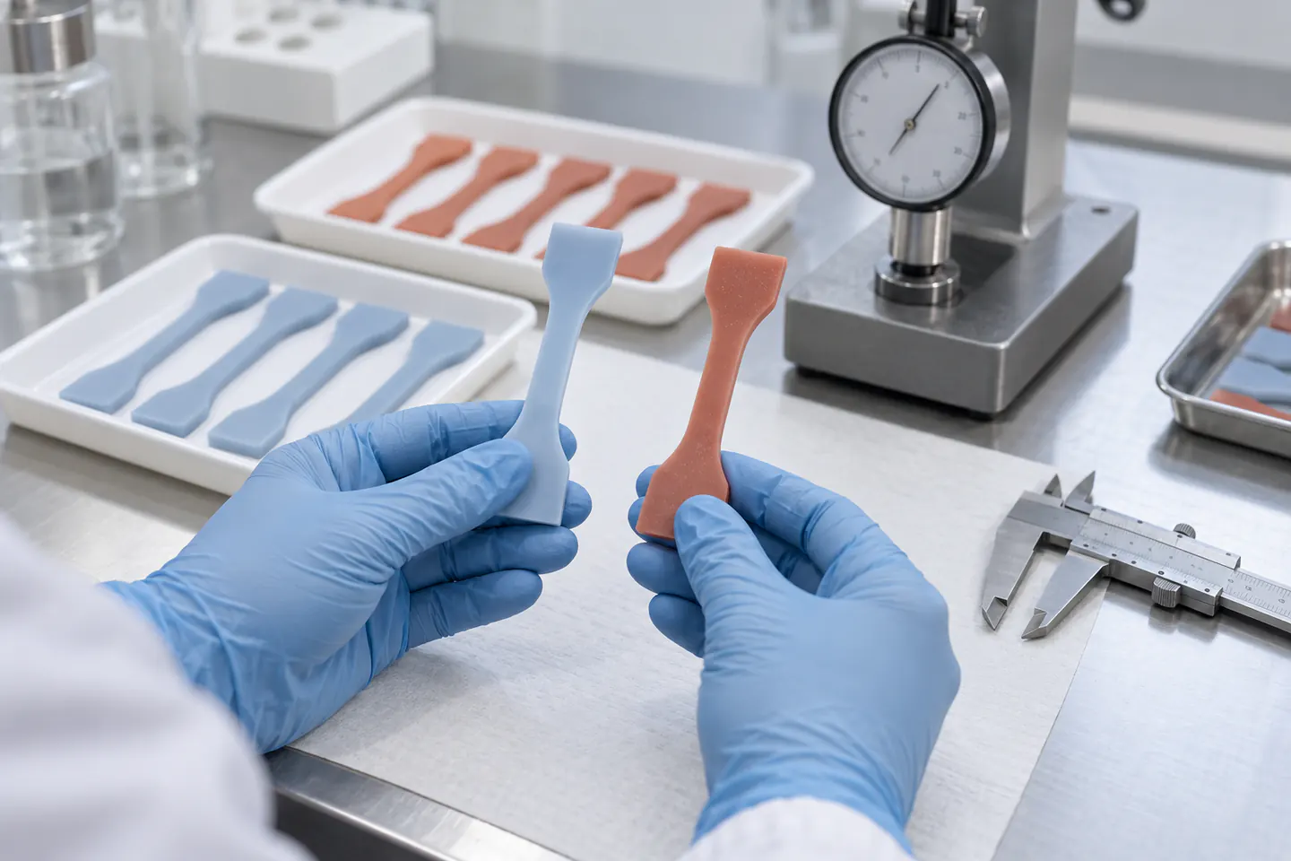 Matched baseline and heat-aged silicone tensile specimens compared on a laboratory bench Matched baseline and heat-aged silicone tensile specimens compared on a laboratory bench