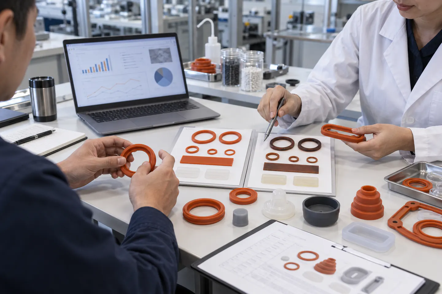 Buyer and quality engineer reviewing baseline and heat-aged silicone product evidence Buyer and quality engineer reviewing baseline and heat-aged silicone product evidence