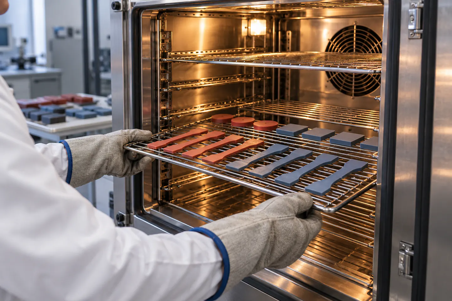 Silicone specimens spaced on a forced-air oven rack for controlled heat aging Silicone specimens spaced on a forced-air oven rack for controlled heat aging