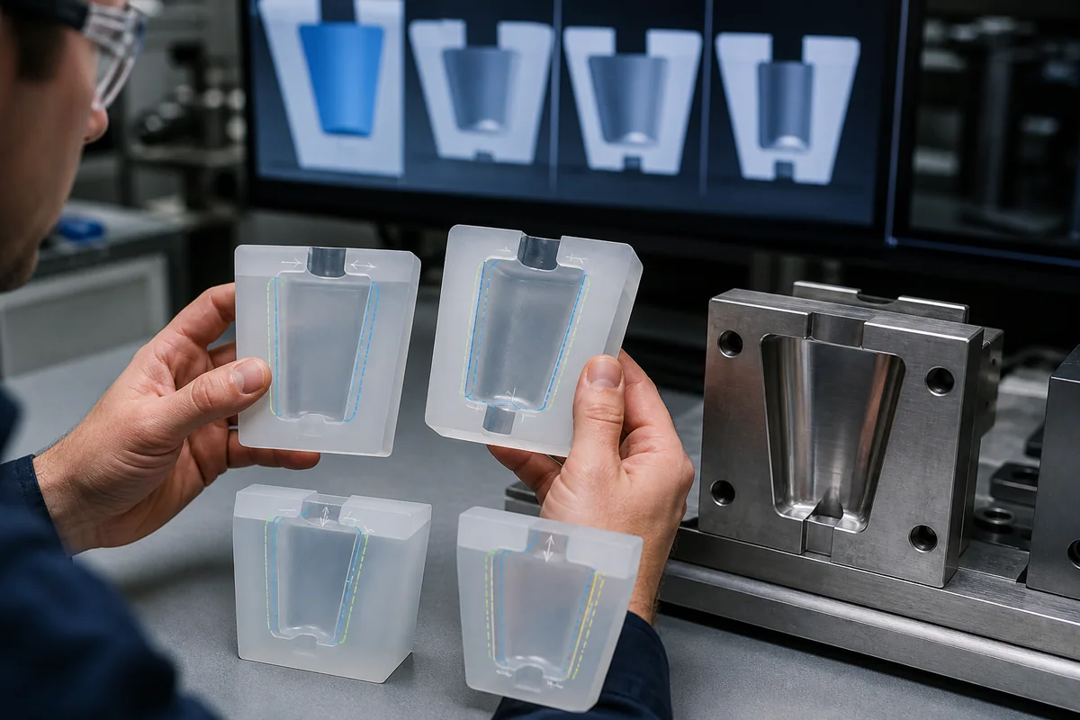 Engineer comparing silicone ice mold cavity draft and undercut geometry Engineer comparing silicone ice mold cavity draft and undercut geometry