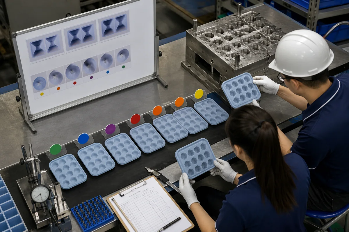 Quality team validating silicone ice mold cavities after a tooling trial Quality team validating silicone ice mold cavities after a tooling trial