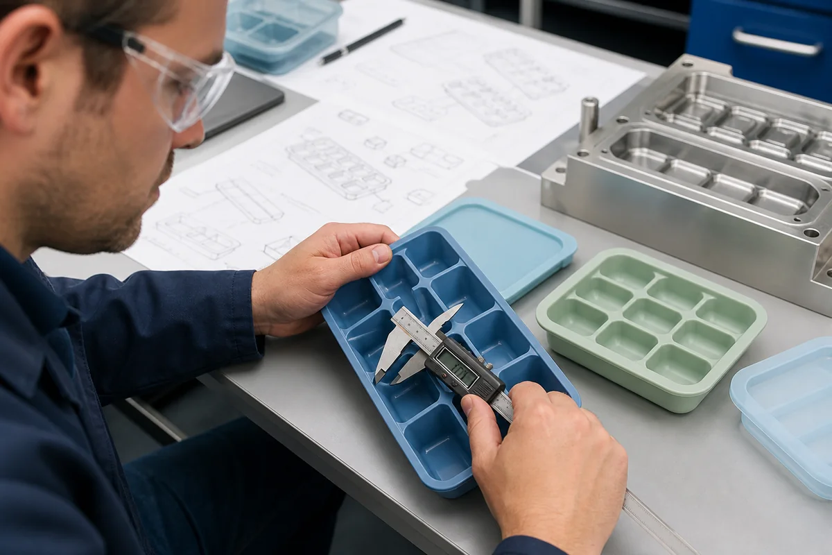 Engineer measuring custom silicone ice mold cavity geometry during DFM review