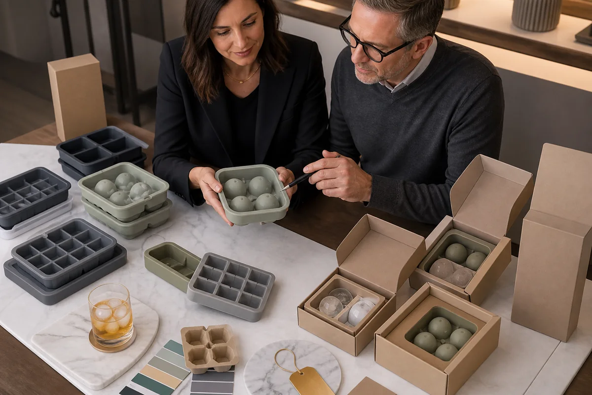 Retail buyer approving silicone ice mold packaging and coordinated product options