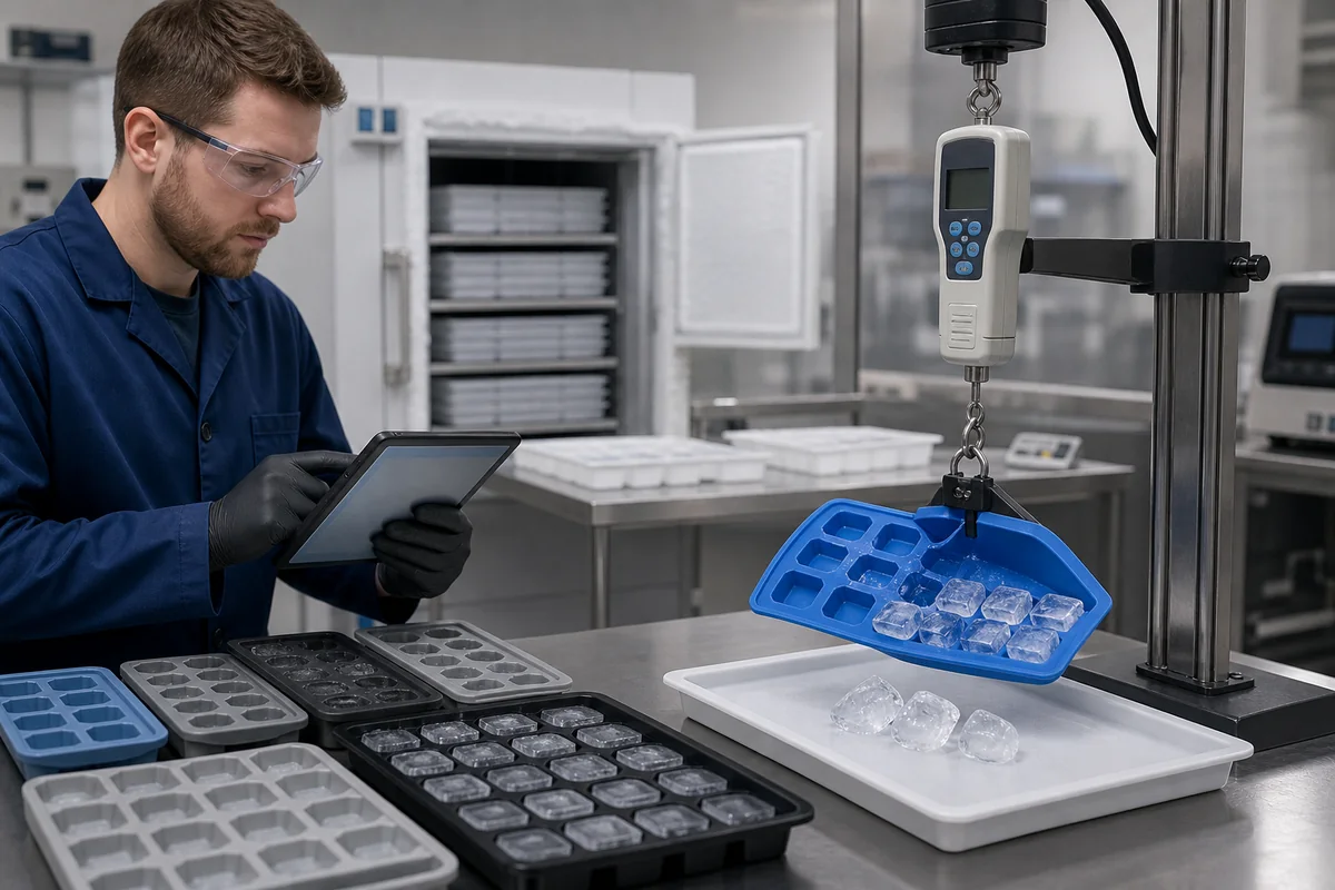 Technician measuring silicone ice release force under controlled freezer conditions Technician measuring silicone ice release force under controlled freezer conditions