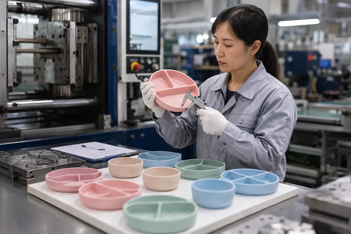 Inspector reviewing cavity-identified silicone parts during in-process molding control