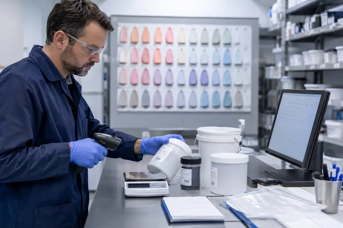 Quality technician checking incoming silicone material identity and batch records