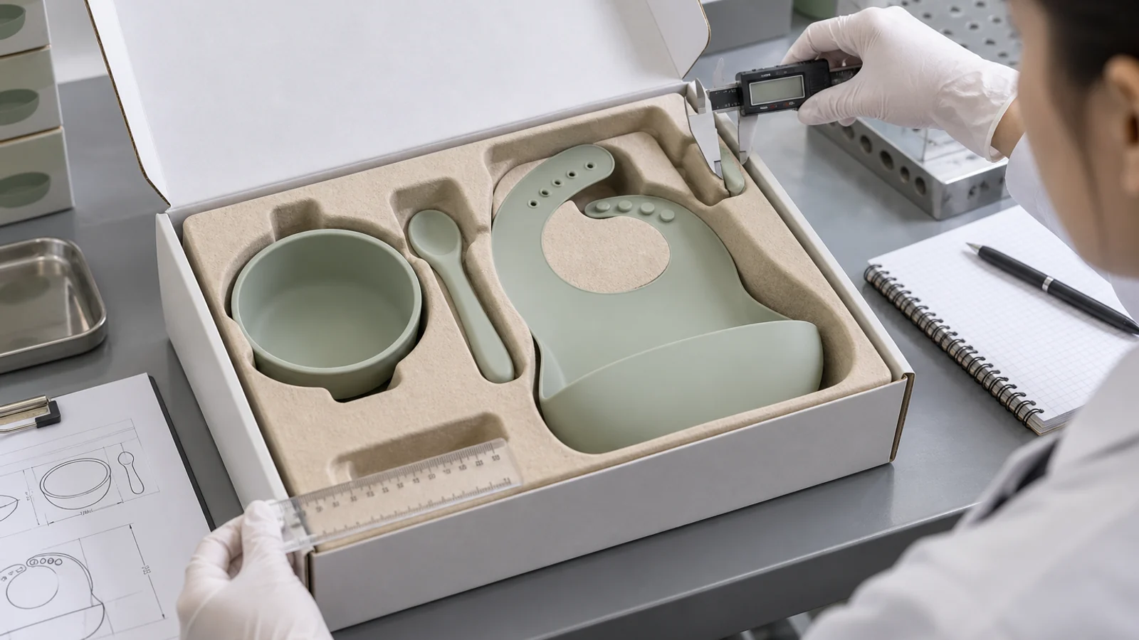 Quality technician measuring a molded insert fitted around silicone feeding products