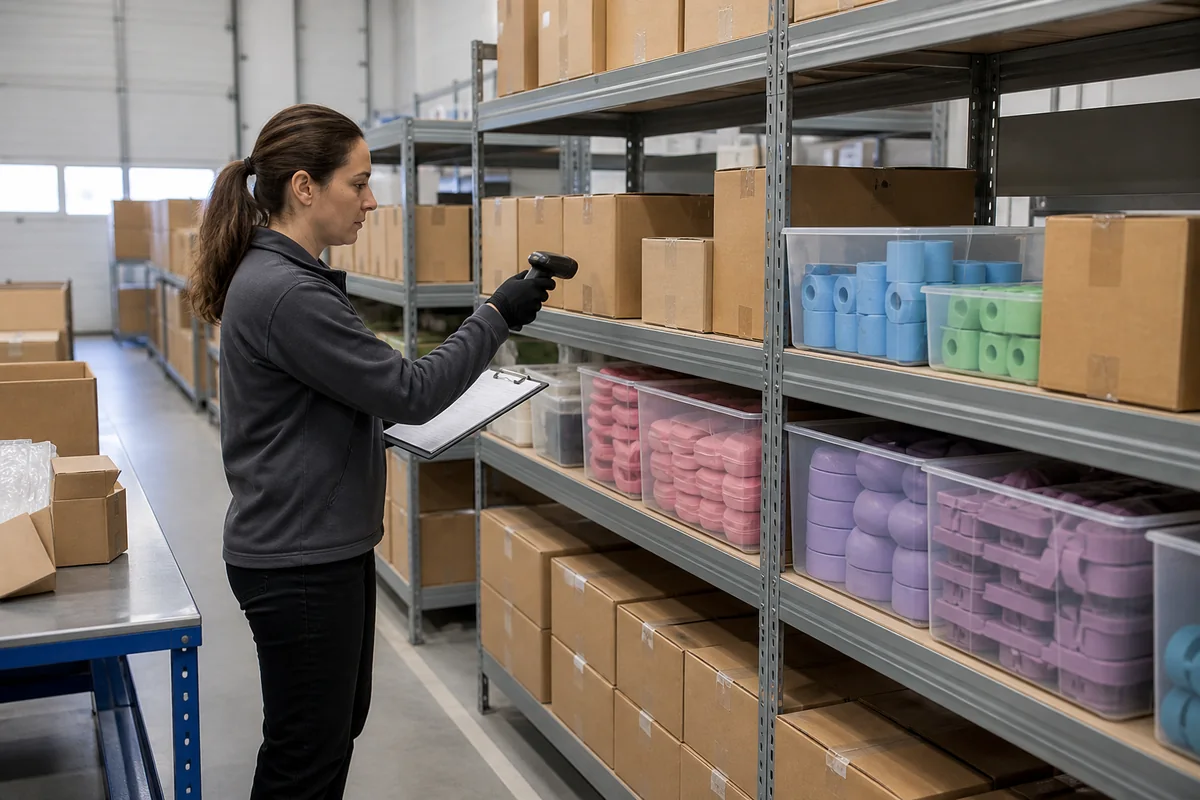 Silicone product inventory organized by lot and replenishment priority in a clean warehouse Silicone product inventory organized by lot and replenishment priority in a clean warehouse