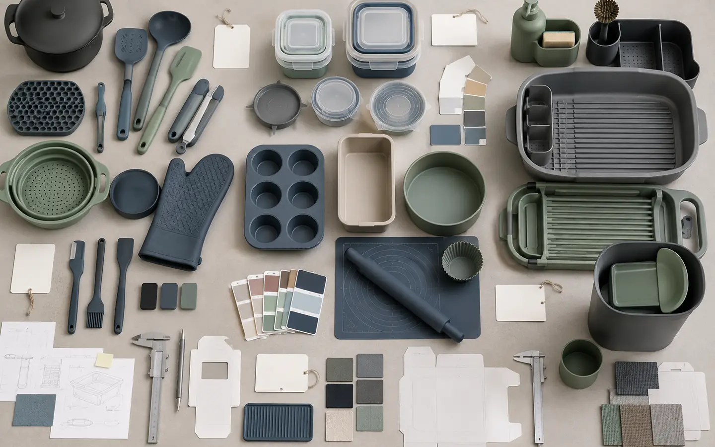 Coordinated silicone kitchen and home collection arranged by assortment role and packaging route Coordinated silicone kitchen and home collection arranged by assortment role and packaging route