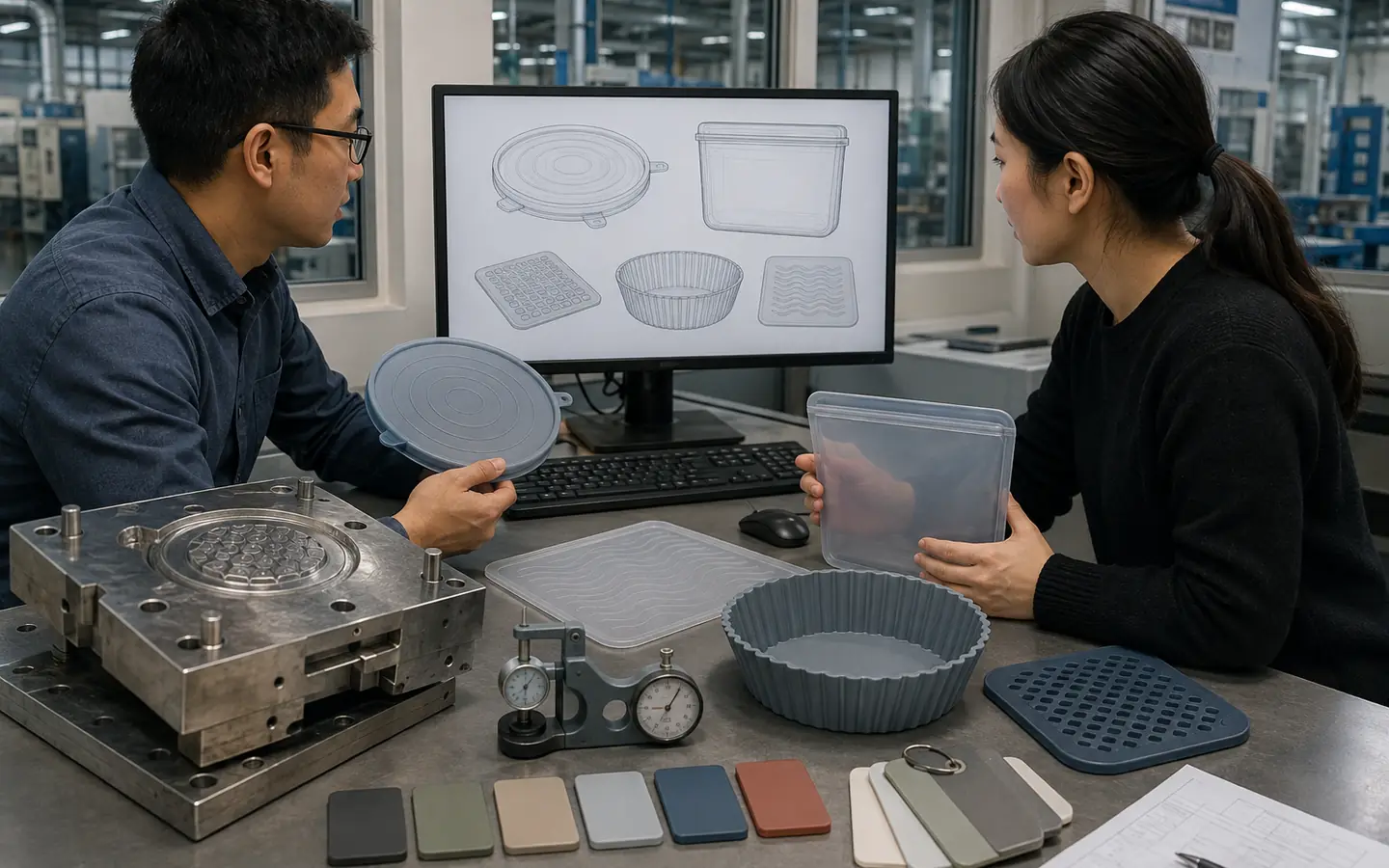Factory engineer reviewing CAD molds and physical samples for a silicone kitchen collection Factory engineer reviewing CAD molds and physical samples for a silicone kitchen collection