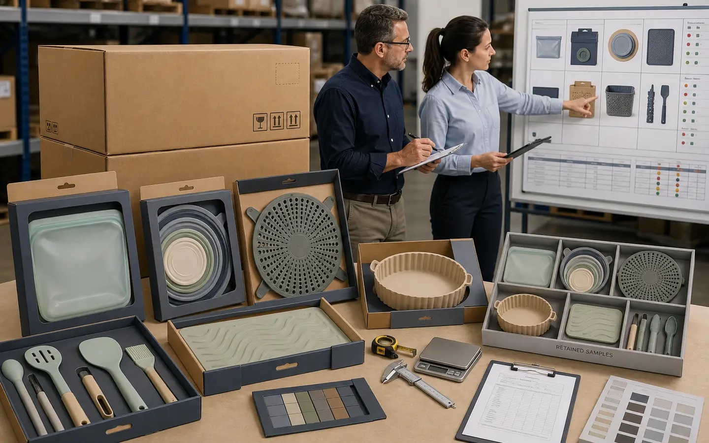 B2B buyer approving packaging cartons and retained samples for coordinated silicone home products B2B buyer approving packaging cartons and retained samples for coordinated silicone home products
