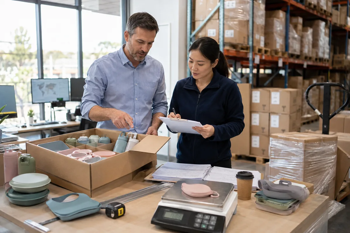Buyer and logistics specialist reviewing silicone product carton and landed cost evidence