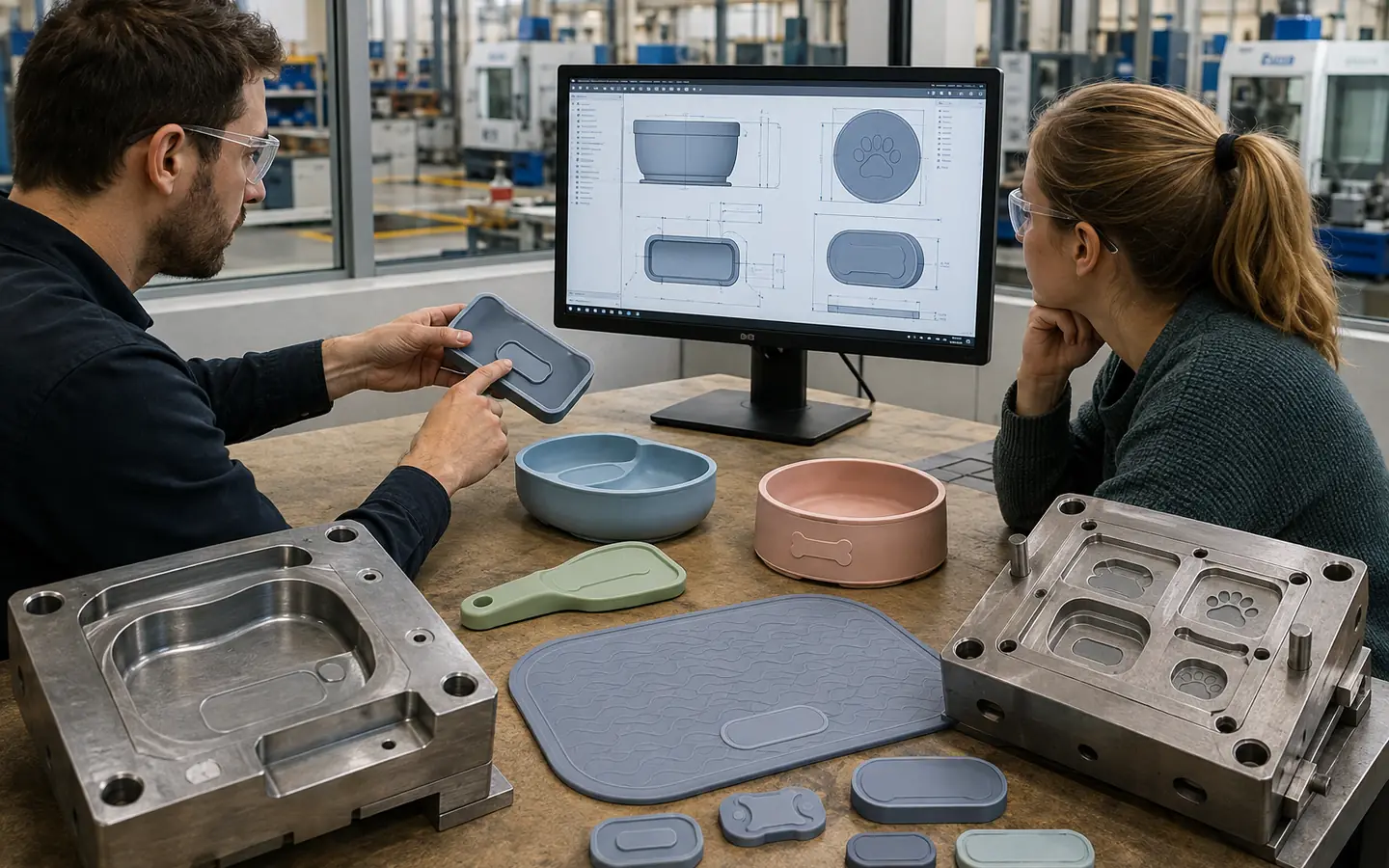 Factory engineer reviewing vector logo artwork mold inserts and silicone product geometry