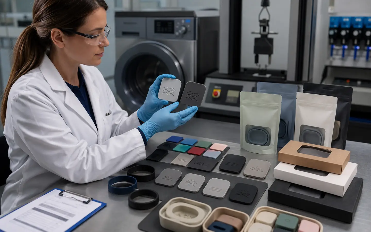 Quality technician validating silicone logo durability after washing abrasion flexing and heat exposure