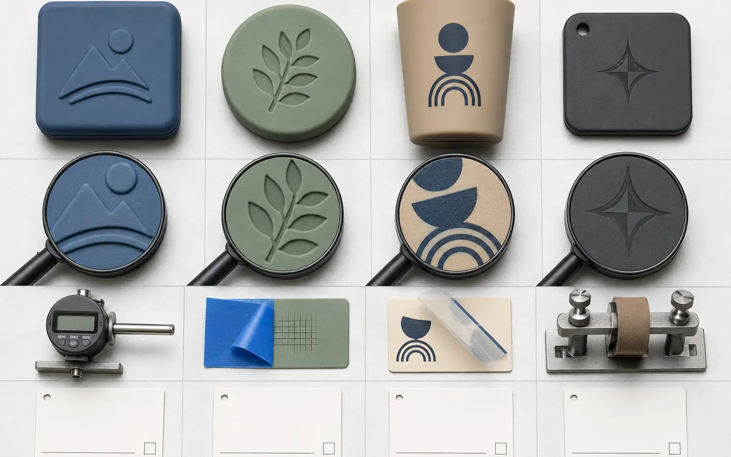 Embossed debossed printed and laser engraved silicone logo samples compared under inspection
