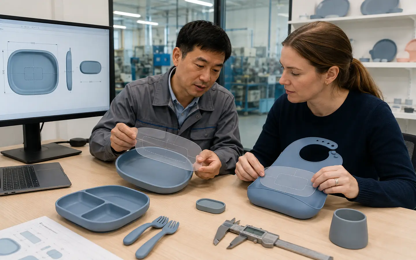 Factory engineer and buyer reviewing custom silicone logo placement with controlled drawings Factory engineer and buyer reviewing custom silicone logo placement with controlled drawings