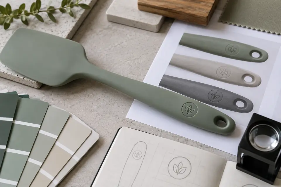 Silicone spatula molded logo area compared with color chips and mark proofs Silicone spatula molded logo area compared with color chips and mark proofs