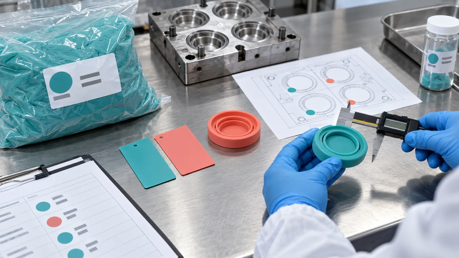 Silicone material lot, color sample, cavity map and retained product reviewed for traceability Silicone material lot, color sample, cavity map and retained product reviewed for traceability