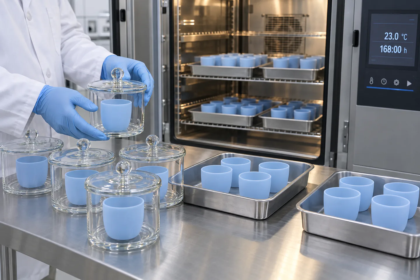Conditioned silicone samples prepared for controlled odor evaluation after packaging and post-curing Conditioned silicone samples prepared for controlled odor evaluation after packaging and post-curing