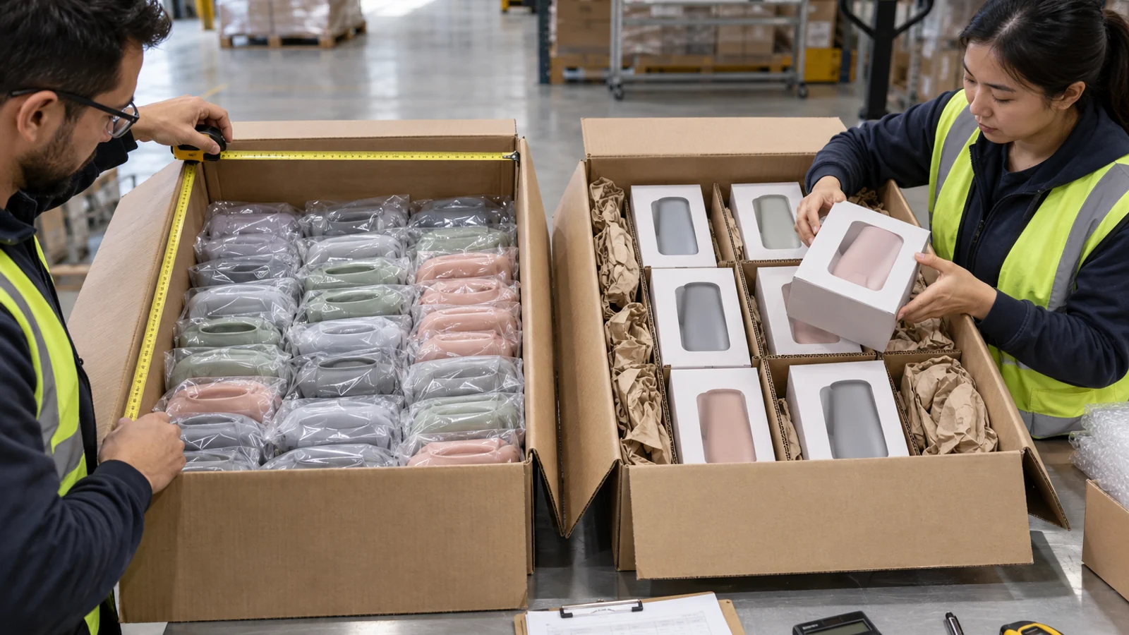Logistics team comparing carton density for polybagged and boxed silicone products