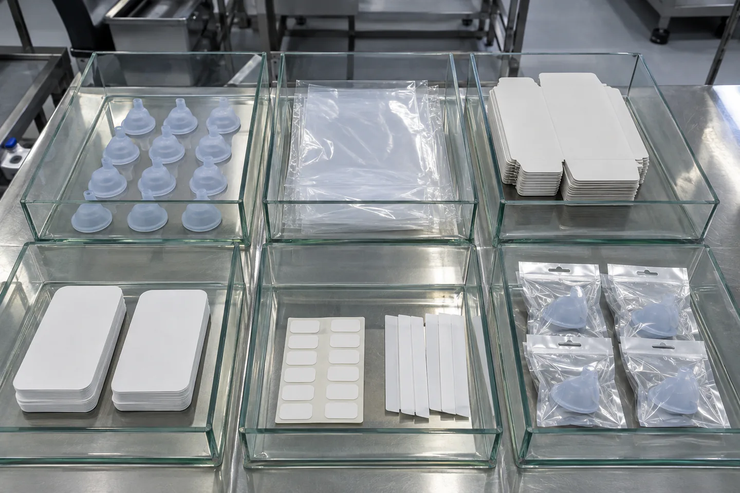 Silicone product film paperboard insert and adhesive components isolated in separate conditioning chambers Silicone product film paperboard insert and adhesive components isolated in separate conditioning chambers