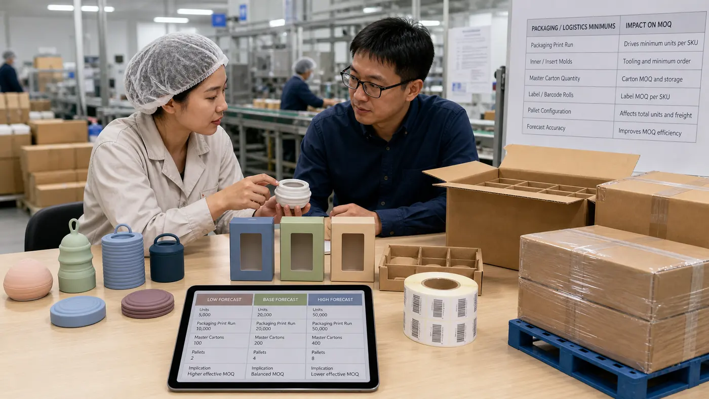 Packaging engineer reviewing silicone product boxes labels cartons pallet plans and forecast scenarios