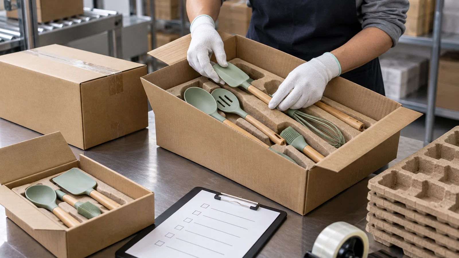 Factory operator checks silicone utensil set in protective carton insert Factory operator checks silicone utensil set in protective carton insert