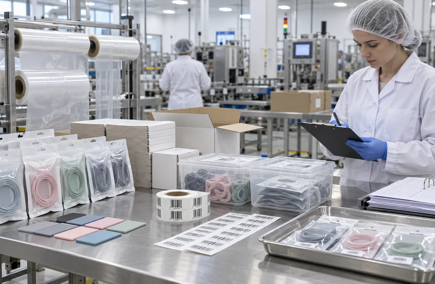 Silicone packaging release station with retained samples batch labels films cartons and quality records Silicone packaging release station with retained samples batch labels films cartons and quality records