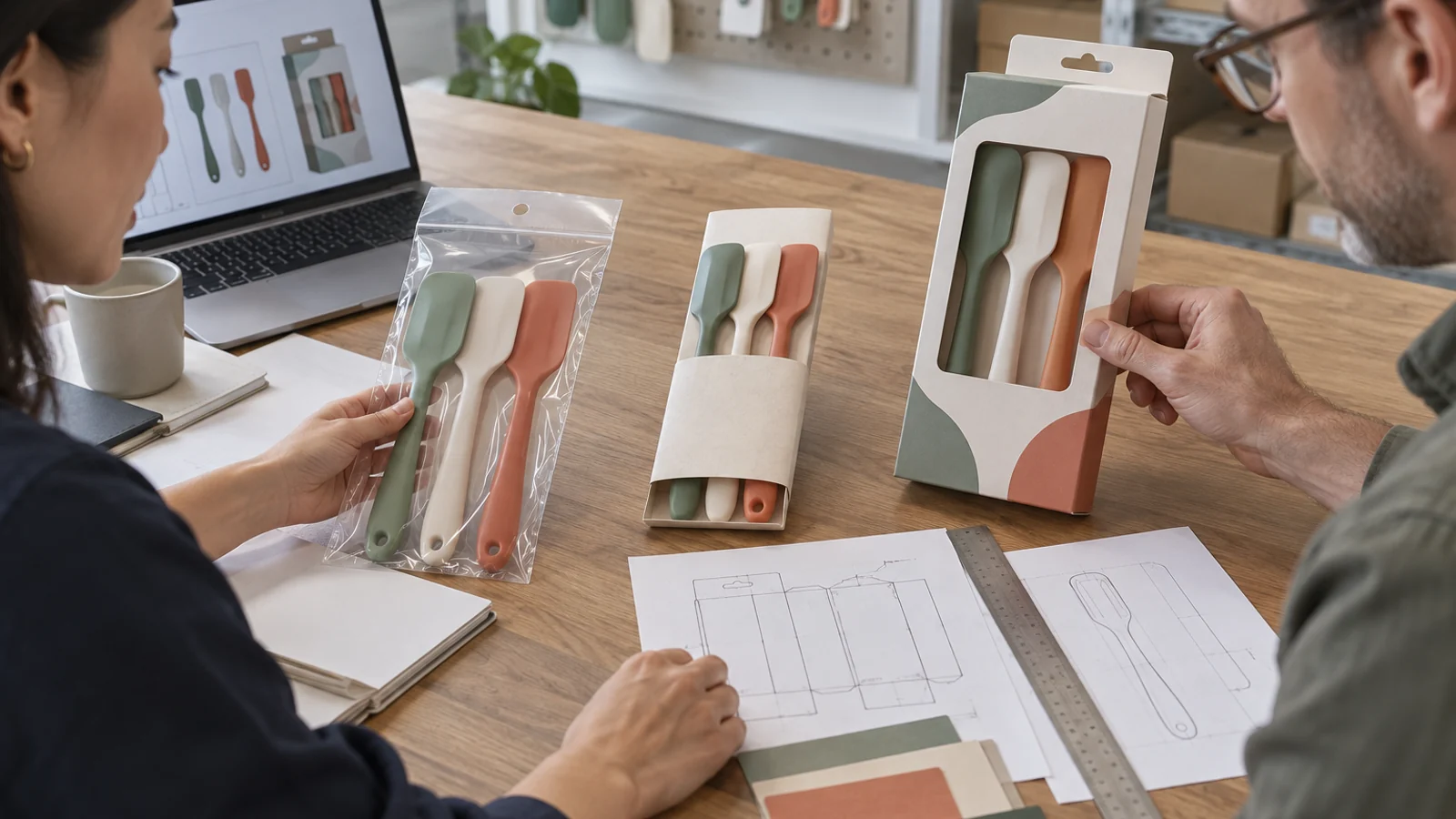 Buyers comparing polybag sleeve and retail box packaging for silicone utensils