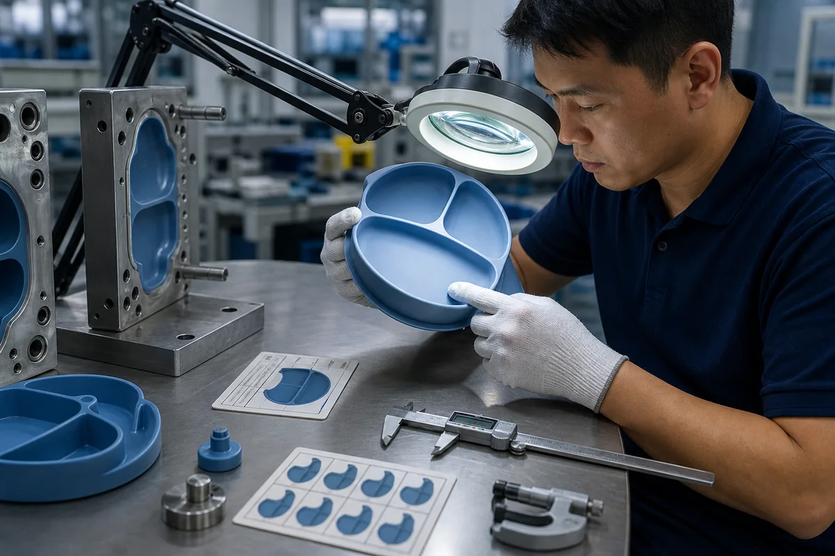 Quality engineer inspecting a silicone mold parting line and controlled flash on a feeding plate Quality engineer inspecting a silicone mold parting line and controlled flash on a feeding plate