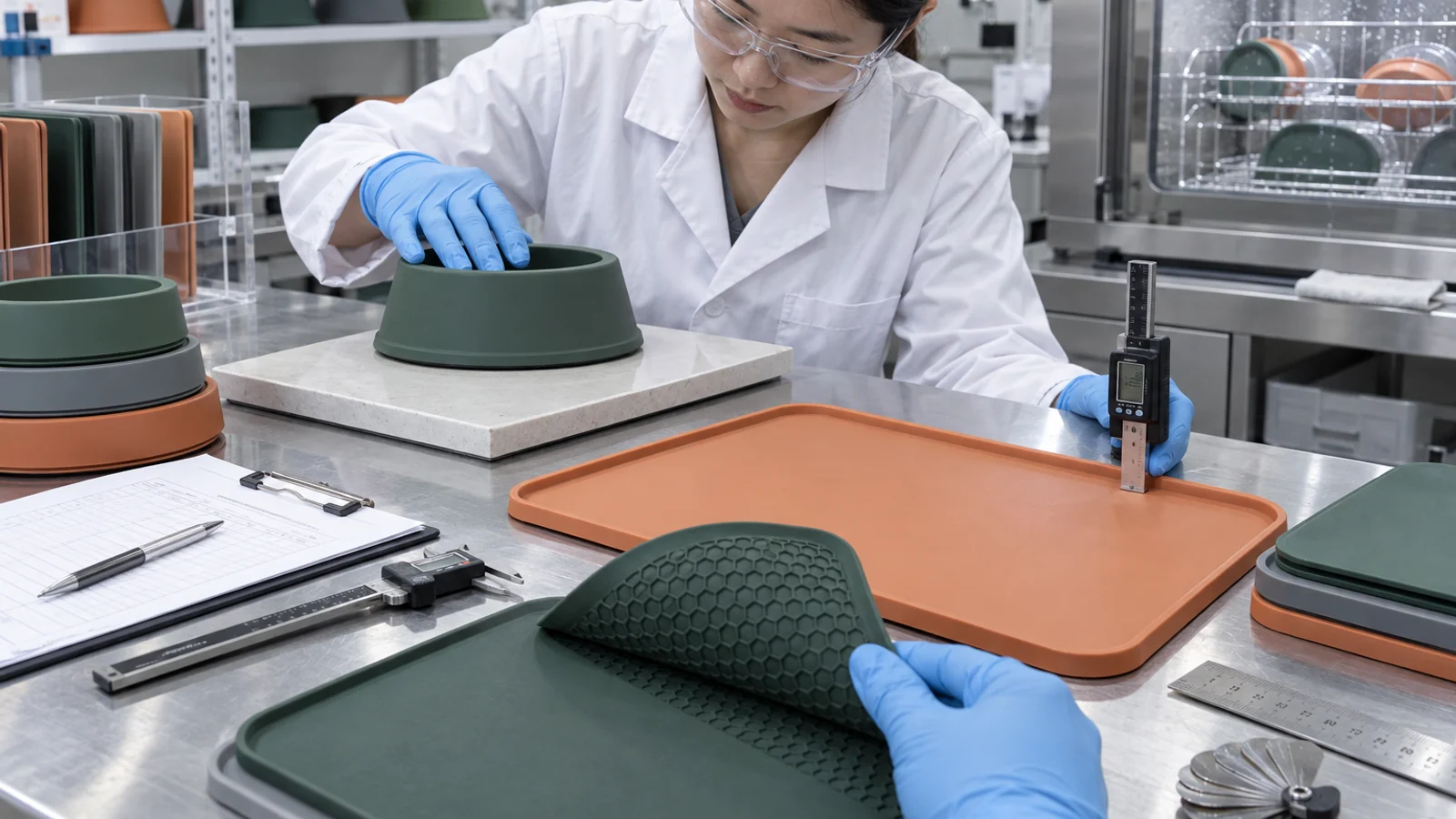 Quality technician checking silicone pet bowl stability and feeding mat geometry