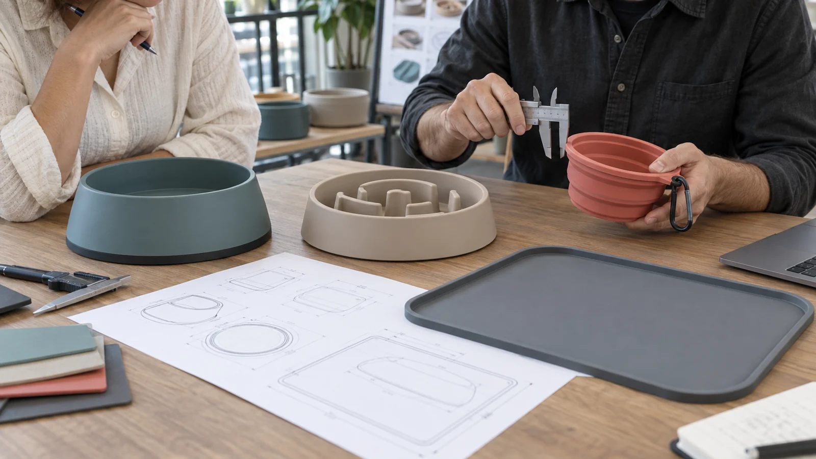 Buyer comparing weighted slow-feeder and collapsible silicone pet bowl formats