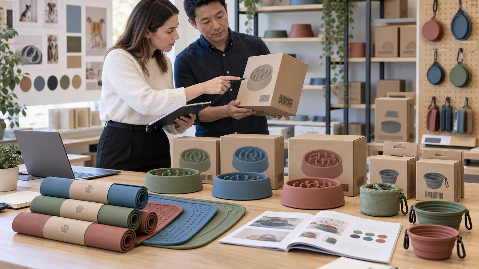 Retail team reviewing silicone pet bowls feeding mats and private-label packaging