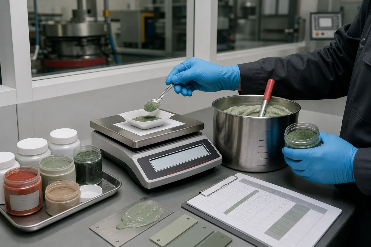 Technician weighing pigment for a controlled silicone color recipe Technician weighing pigment for a controlled silicone color recipe