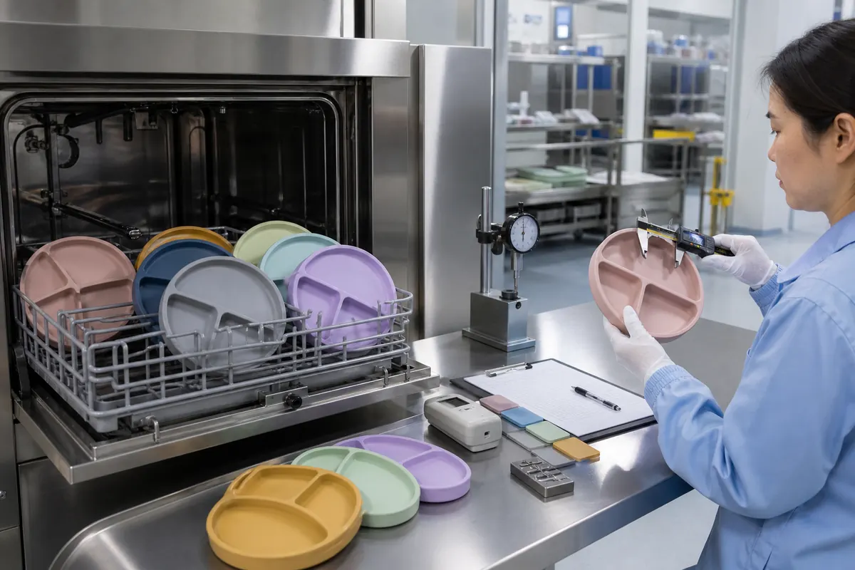 Silicone baby plates inspected after repeated dishwasher cleaning cycles Silicone baby plates inspected after repeated dishwasher cleaning cycles