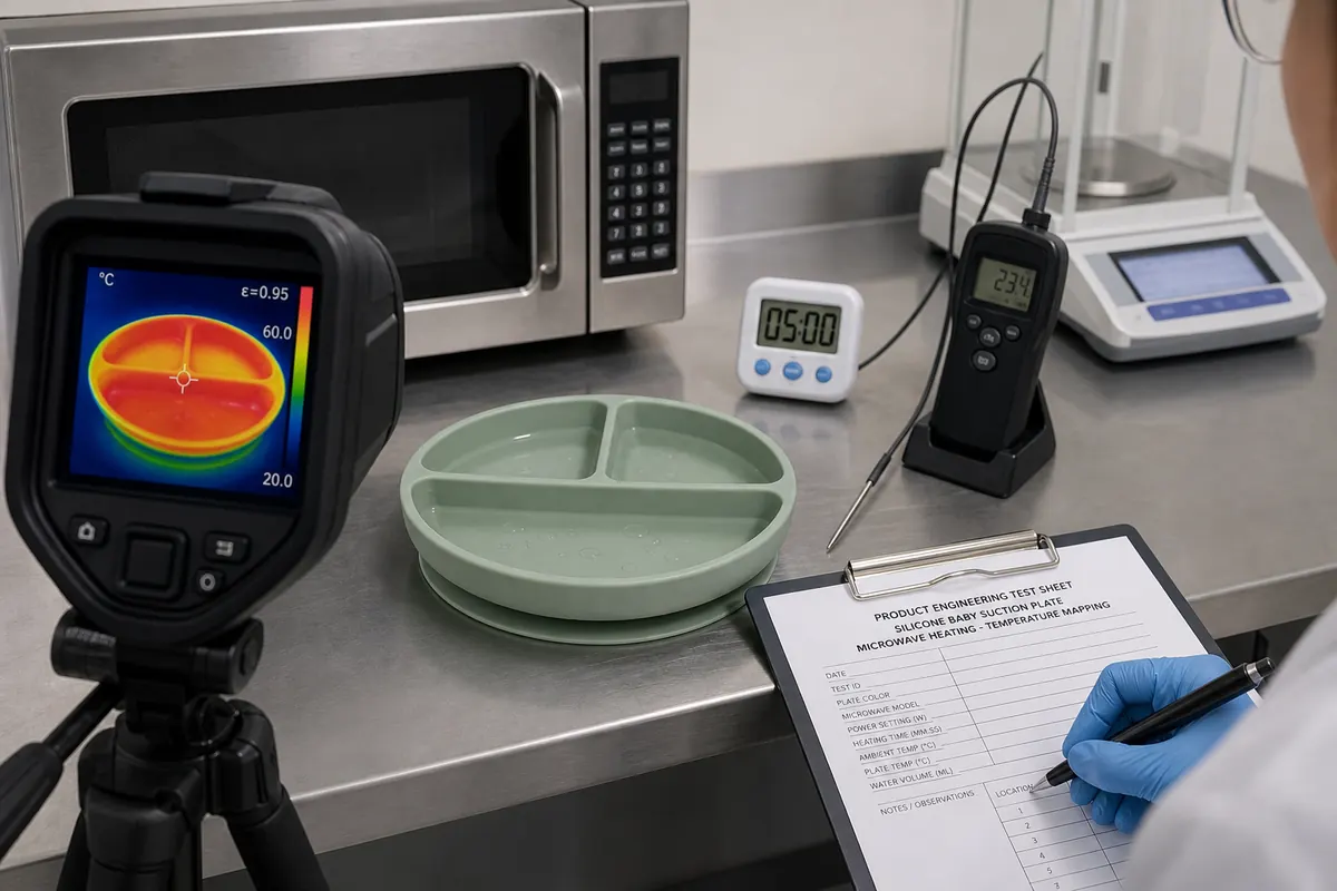 Silicone baby plate microwave temperature distribution test with thermal camera Silicone baby plate microwave temperature distribution test with thermal camera