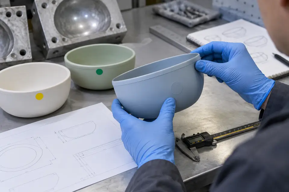 Gloved engineer checks silicone bowl rim and product revision against a drawing Gloved engineer checks silicone bowl rim and product revision against a drawing