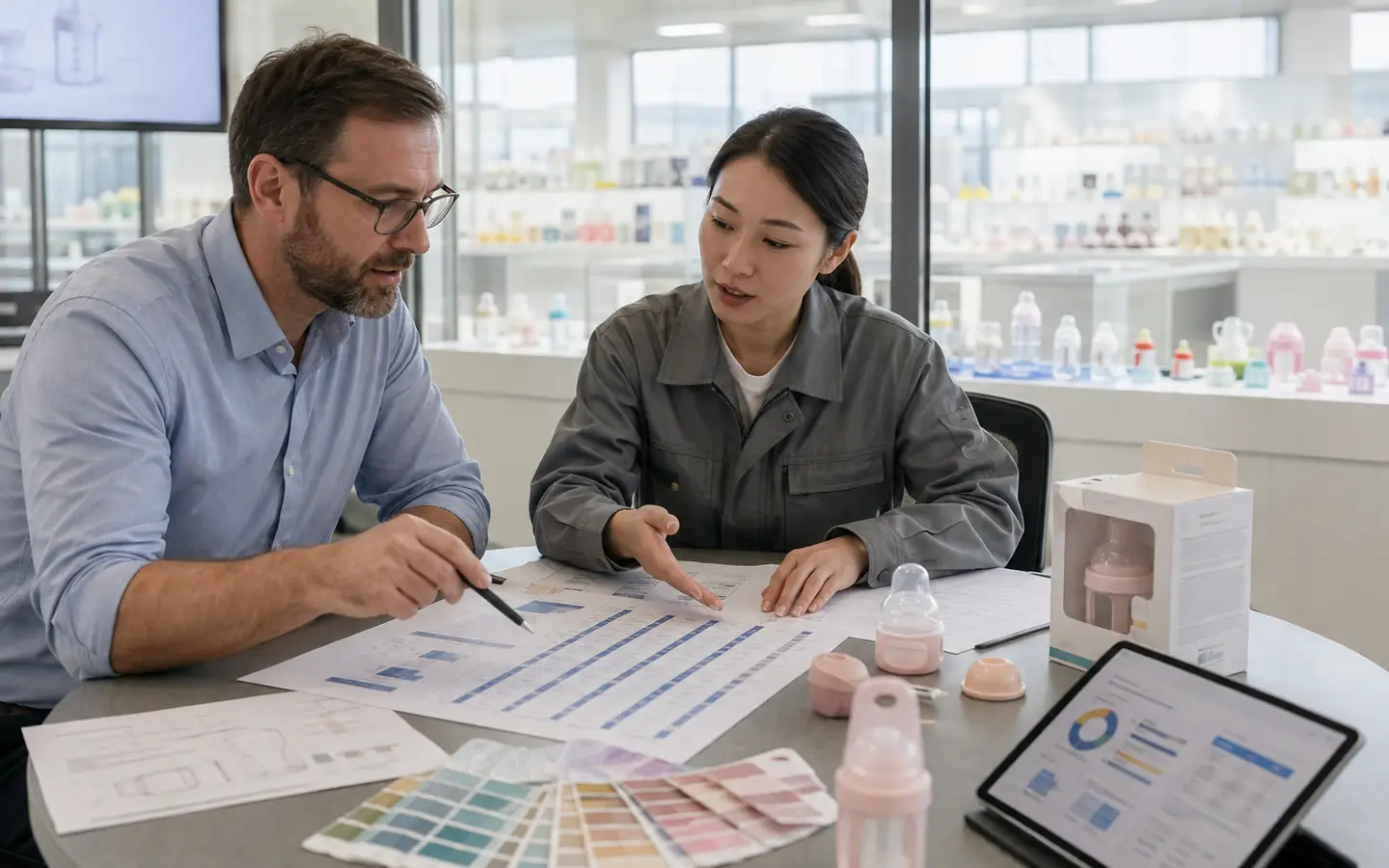 Buyer and silicone factory engineer reviewing a complete quotation scope Buyer and silicone factory engineer reviewing a complete quotation scope