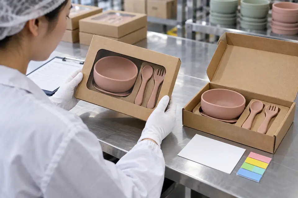 Quality operator compares silicone bowl and utensil retail packs at final release Quality operator compares silicone bowl and utensil retail packs at final release