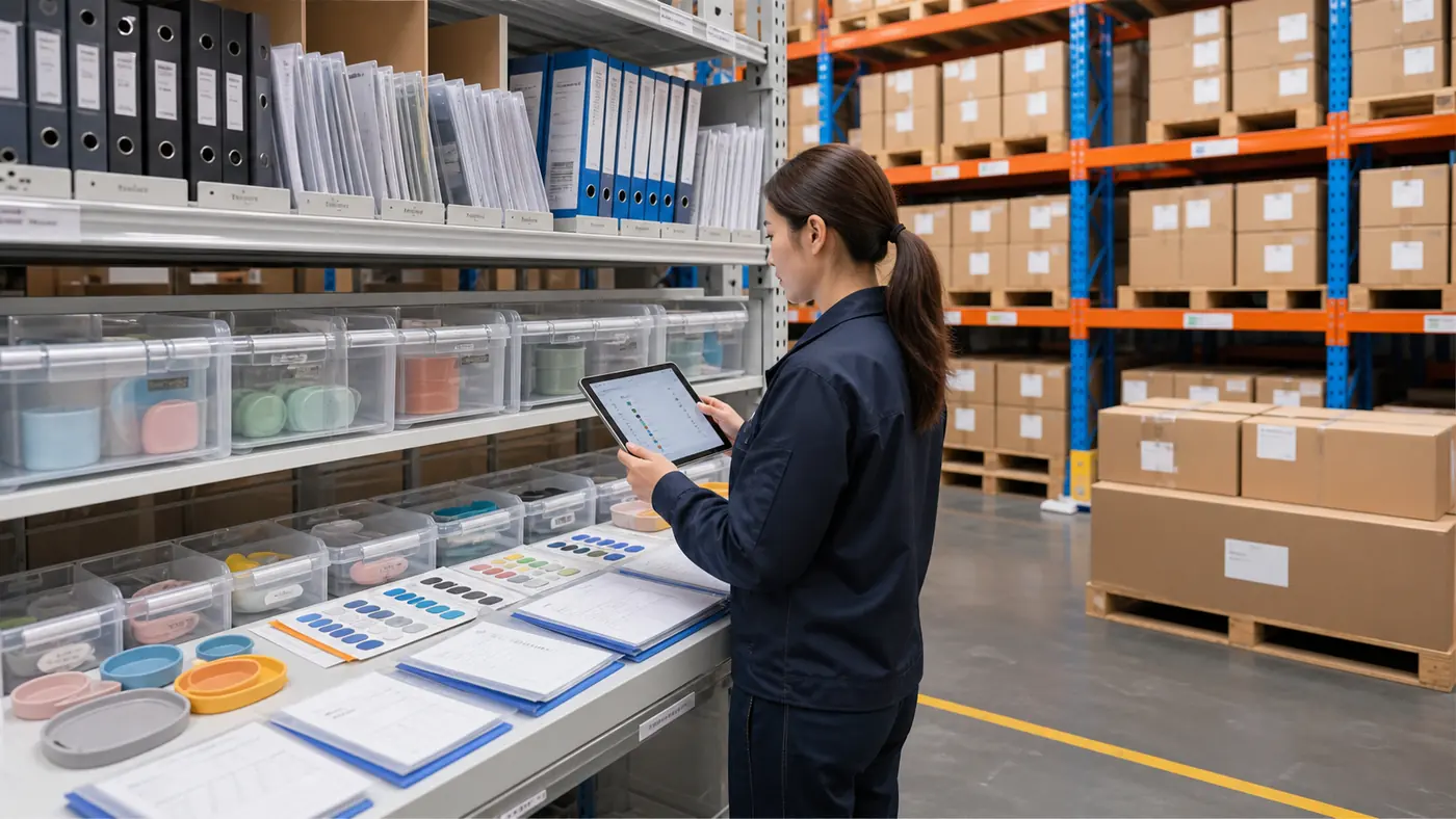Silicone retained samples revision files and finished-goods cartons managed for repeat-order traceability Silicone retained samples revision files and finished-goods cartons managed for repeat-order traceability