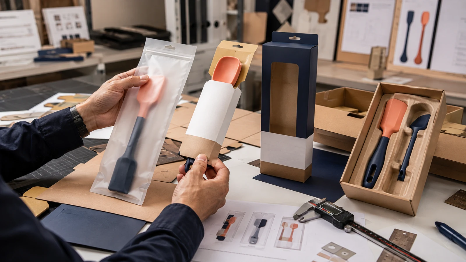 Packaging engineer comparing sleeve box insert and bag architectures for silicone products Packaging engineer comparing sleeve box insert and bag architectures for silicone products