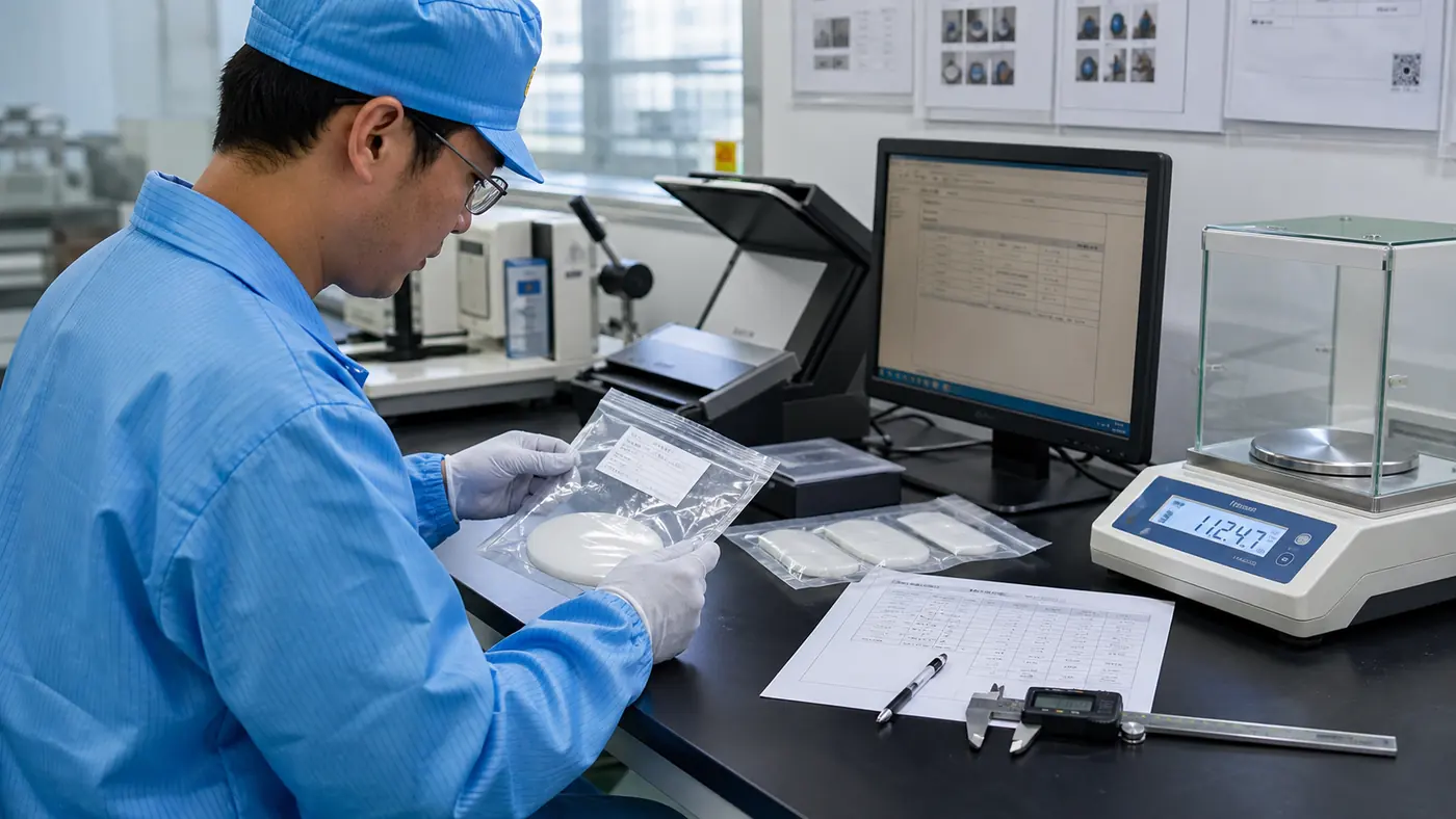 Factory quality engineer verifying a silicone sample identity against batch and test-report records Factory quality engineer verifying a silicone sample identity against batch and test-report records